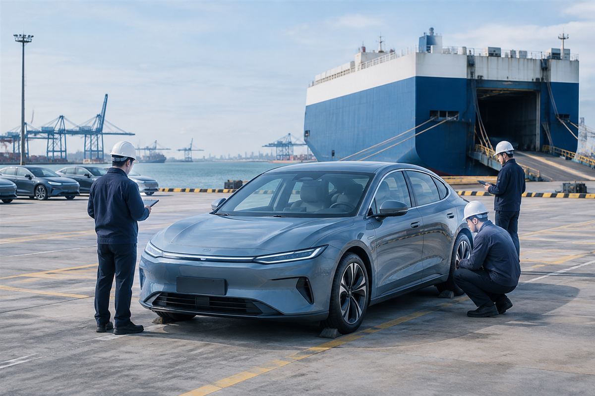 AI-generated illustration of an electric vehicle export preparation scene