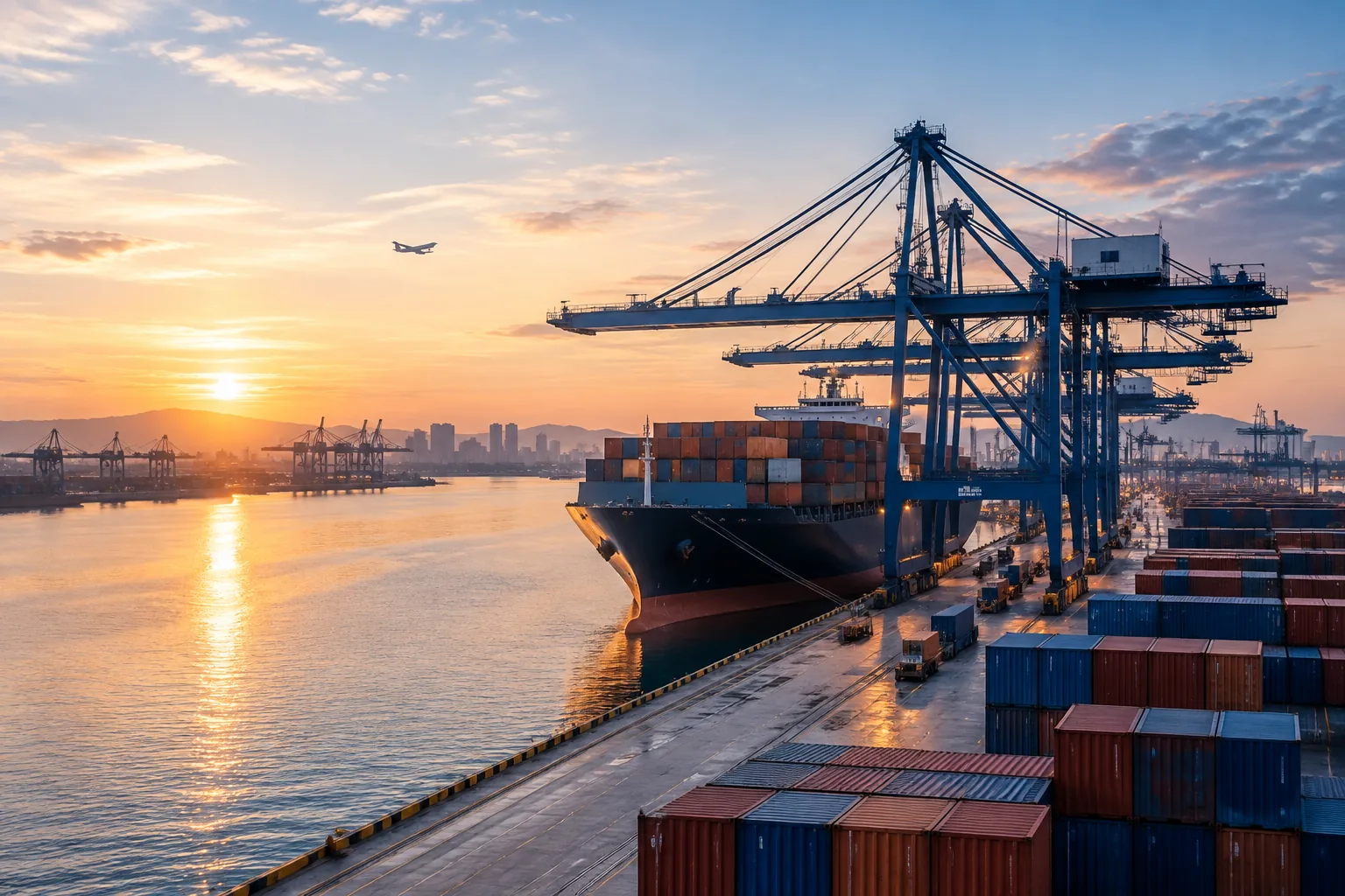 AI-generated illustrative container ship at a China freight port