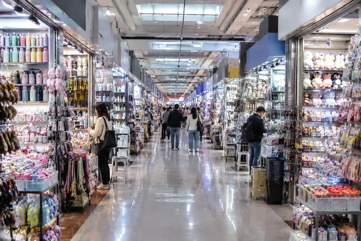 AI-generated illustrative scene of a wholesale market aisle